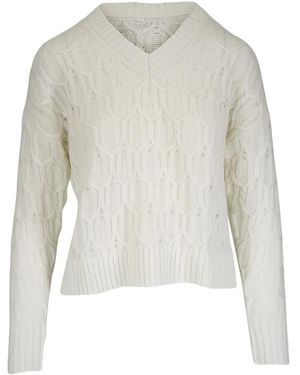 Kinross Cashmere V-Neck Cable Knit Jumper - White