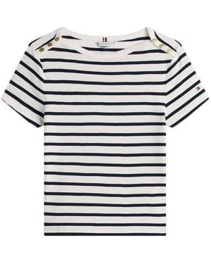 Tommy Hilfiger Striped Button-Detail T-Shirt - White