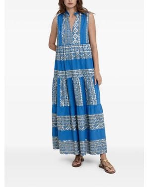 Greek Archaic Kori Embroidered Tiered Dress - Blue