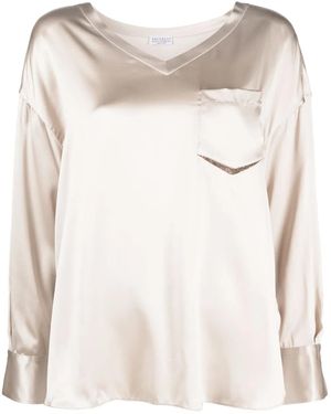Brunello Cucinelli Vネック シルクブラウス - ナチュラル