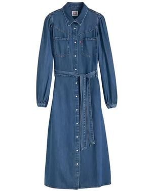 Levi's Journey Puffed-Sleeve Belted Midi Dress - Blue