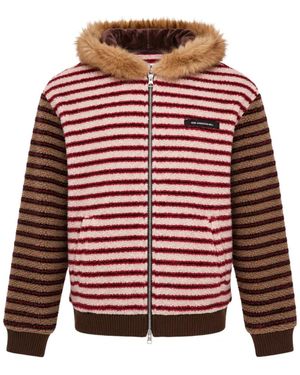 ANDERSSON BELL Stripe-Patchwork Faux-Fur-Trim Hoodie - Red