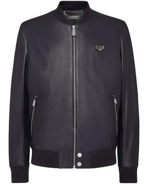 Philipp Plein Leather Bomber Jacket - Blue