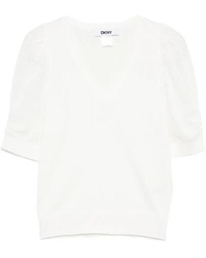 DKNY V-Neck Puff-Sleeve Top - White