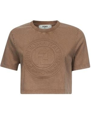 Fendi Embossed-Logo Cropped T-Shirt - Brown