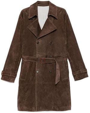 Eleventy Belted Double-Breasted Suede Trench Coat - Brown