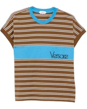Versace Logo-Embroidered Striped T-Shirt - Blue