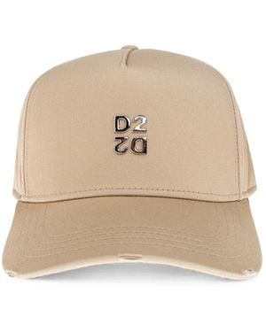 DSquared² Upside Down Logo-Plaque Distressed-Detailing Baseball Cap - Natural
