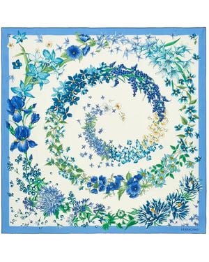 Ferragamo Floral-Print Silk Scarf - Blue