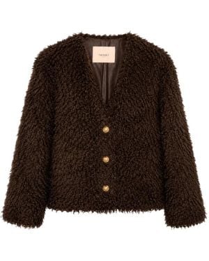 Twinset Bouclé-Knit V-Neck Jacket - Brown
