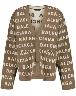Balenciaga Logo-Intarsia V-Neck Cardigan - Brown