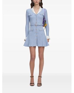 Self-Portrait Belted Ribbed-Knit Dress - Blue
