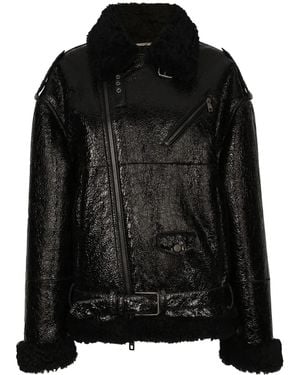 Dolce & Gabbana Frilled-Collar Pebbled Leather Jacket - Black