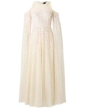 Needle & Thread Moonlight Sequin-Embellished Cape-Sleeve Maxi Dress - White