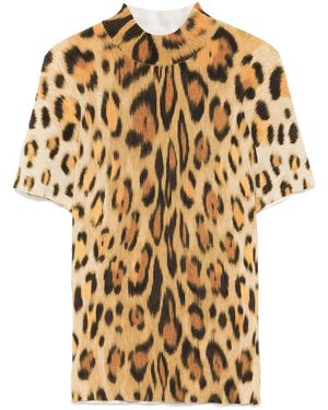 Oscar de la Renta Ribbed Jaguar Print Silk T-Shirt - Metallic