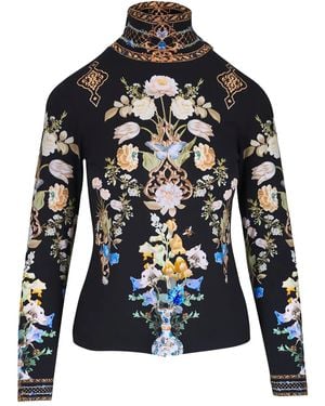 CAMILLA Ottoman Floral Print Roll-Neck Top - Black