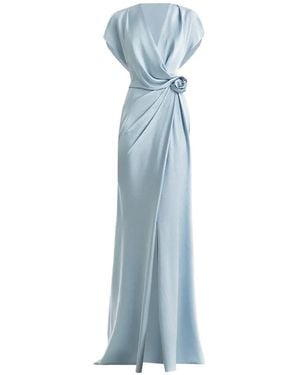 Gemy Maalouf Draped V-Neck Flower Maxi Dress - Blue