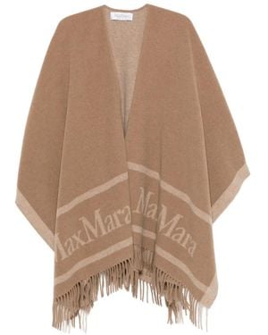 Max Mara Logo-Intarsia Fringed Cape - Natural