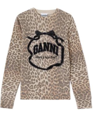 Ganni Leopard Graphic Crewneck Jumper - White