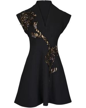 Lela Rose Embroidered V-Neck Mini Dress - Black