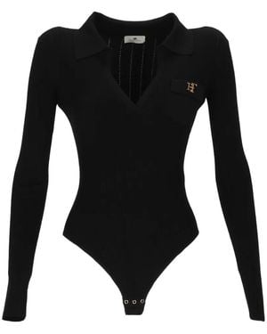Elisabetta Franchi Ribbed-Knit Logo-Plaque Bodysuit - Black