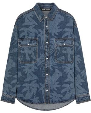 Palm Angels Palmity Laser-Print Denim Shirt - Blue