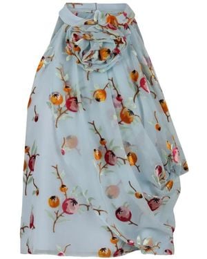 Sea Floral-Embroidered Draped Top - Blue