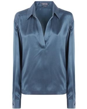 Tom Ford Peach-Feel Silk Satin Polo With Tonal Tf Embroidered Logo - Blue