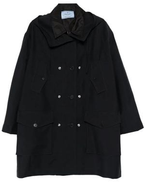 Prada Double-Breasted Hooded Coat - Black