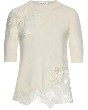 Oscar de la Renta Guipure-Insert Short-Sleeve Top - White