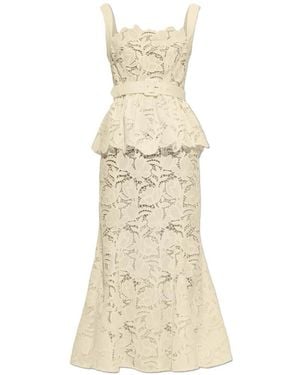 Self-Portrait Belted Peplum Lace Midi Dress - White