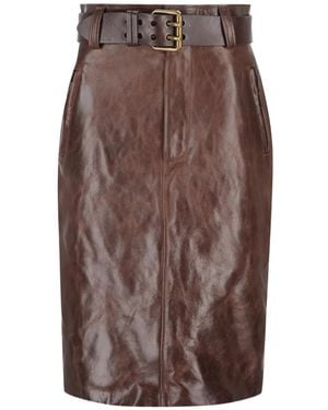 Saint Laurent Belted Leather Midi Skirt - Brown