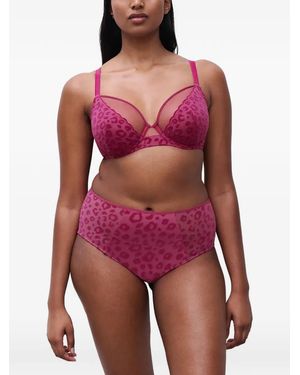 Chantelle Leopard-Print Mesh-Panel Bra - Red
