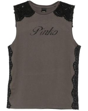 Pinko Lace-Panelled Logo-Print Top - Brown