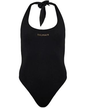 Balmain Logo-Embellished Halterneck Swimsuit - Black