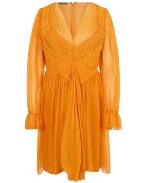Alberta Ferretti Pleated Silk V-Neck Dress - Orange