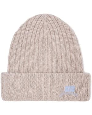 Ganni Ribbed Logo-Detail Beanie Hat - Natural