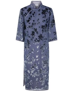 Pierre Louis Mascia Floral-Devoré Mandarin-Collar Midi Dress - Blue