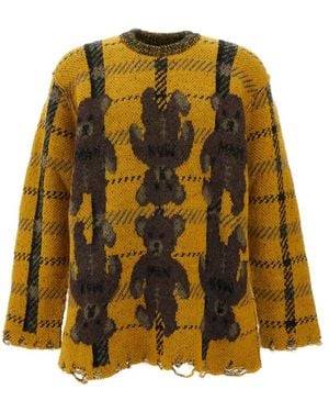 Junya Watanabe Bear-Intarsia Distressed Sweater - Yellow