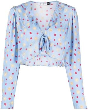 RIXO London Top A Fiori Con Ruches - Blu