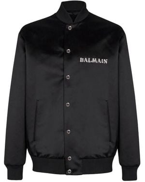 Balmain Satin Embellished Bomber Jacket - Black
