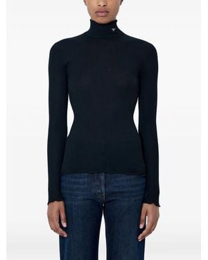 Prada Ribbed-Knit Wavy-Hem Turtleneck Wool T-Shirt - Blue
