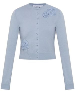 Self-Portrait Lace-Appliqué Button-Up Cardigan - Blue