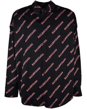 Balenciaga Logo-Pattern Chest-Pocket Shirt - Black