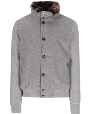 Moorer Ribbed-Knit Sleeve Fur-Collar Jacket - Grey