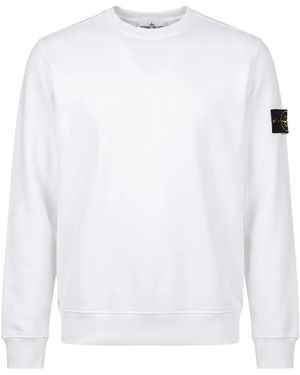 Stone Island Style Cotton Fleece Crewneck Sweatshirt With Left Sleeve Badge - White