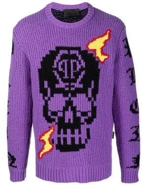 Philipp Plein Skull Logo Embroidered Jumper - Purple