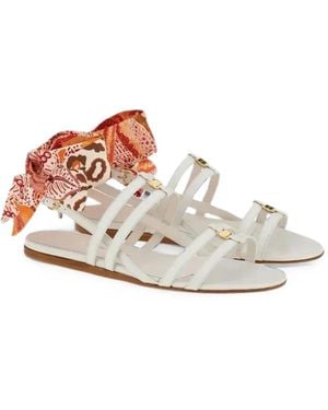 Ferragamo Printed-Scarf Leather Sandals - White