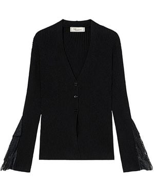 Blumarine Cardigan Côtelé Bordé De Dentelle - Noir