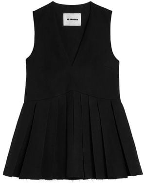 Jil Sander Wool Gabardine Pleated Top - Black